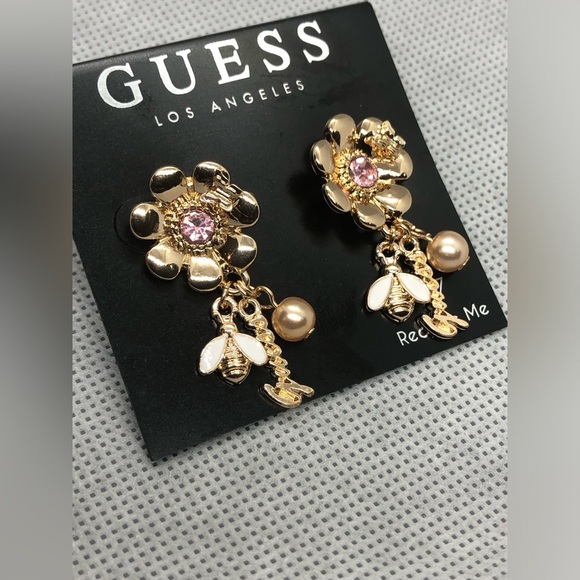 Guess‎ gold tone flower bud pink tourmaline gemstone look dangle charm earrings - Picture 13 of 16